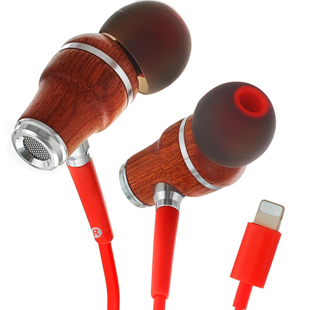 Symphonized iPhone Earphones Wired Deep Bass Sound, 3D Sound, Microphone Volume Control, 90% Noise Cancelling, Bubinga Wooden with Lightning (Apple