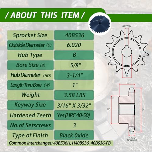 Image of #40 Roller Chain Sprocket 36 Tooth 5 /8 inch Bore (3 /16 inch Keyway) Black Oxide Rust-Proof with 3 Set Screws & Keyway for Mini Bike Go-Kart Hill Climbing Trail Off-Road, Hardened 1045 Steel 40BS36-5 /8