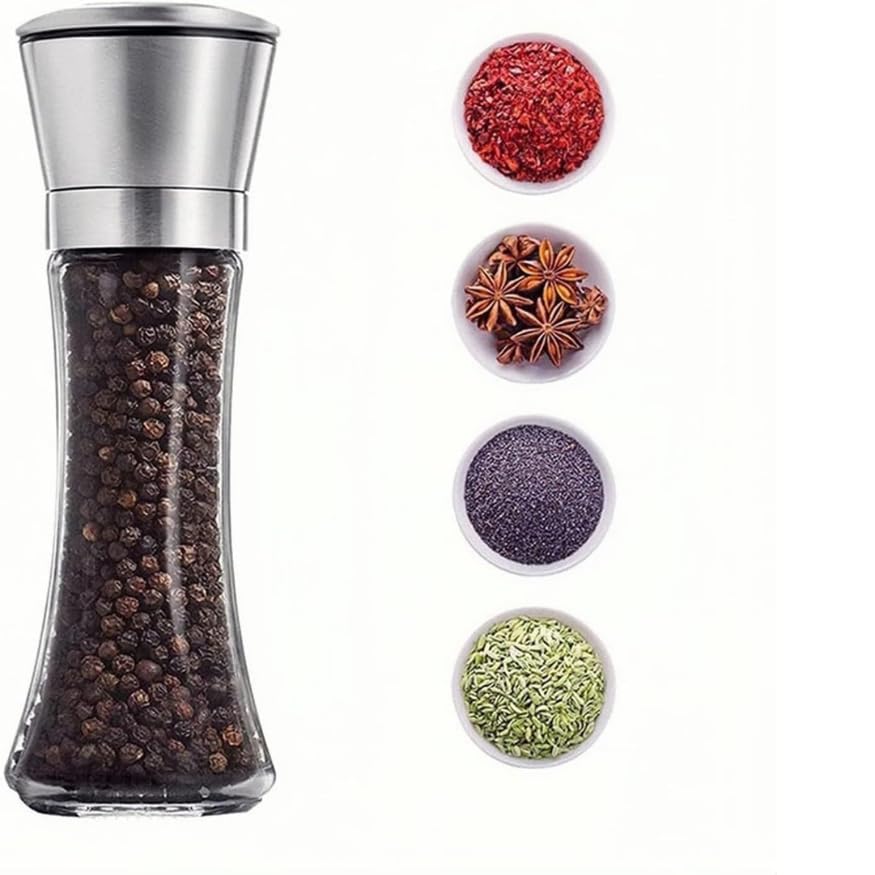 Image of Pepper Mill Glass Grinder Shaker - Stainless Steel Salt and Pepper Crusher, Refillable Tall Glass Salt and Pepper 5 Grinder Level with Ceramic Blades, Adjustable Coarseness (Pack of 1)