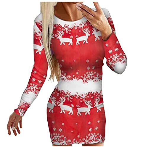 Weihnachtskleid Damen Lustig Strickkleid Rundhals Pullikleid Weihnachtskleid Langer Pulloverkleid Frauen Kleider Pullover Rippstrick Wickelkleid Elch...