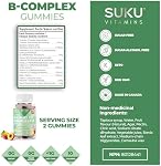 SUKU Gommies complexes de vitamine B avec vitamine C – Vegan sans sucre 8 B Vitamins Supplément gommy complexe augmente le développement cellulaire, améliore le métabolisme & Formation de collagène, arôme de pêche (60 Gommies)