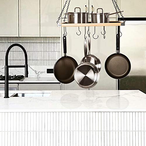 Soduku Pot Pan Rack With Shelf Grid, Ceiling Mounted Hanging Multi-Purpose Wood & Metal Cookware Hanger Organizer Kitchen Storage With 10 Hooks #TOP6