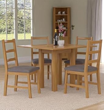 Hallowood Furniture Waverly Oak Dining Table and Chairs Set 4, Small Folding or Extending Square Kitchen Table and Chairs with Ladder Back and Steel Grey Fabric Padded Seats for Home and Café