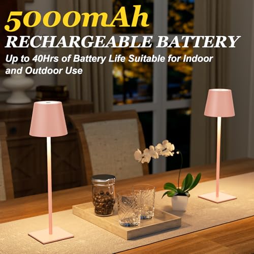 Image of Kakanuo Pink Cordless Rechargeable Table Lamp 5000mAh Battery Operated Lamps, 3 Colors Stepless Dimming Touch Lamp for Living Room, Kitchen Counter, Dining, Outdoor Patio, 2 Pack