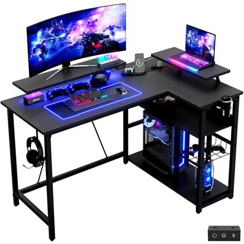 Devoko Bureau Gaming, L-Shape 120x80cm avec Double Support Écran, LED, Plateau Réglable et Fibre de Carbone Noir