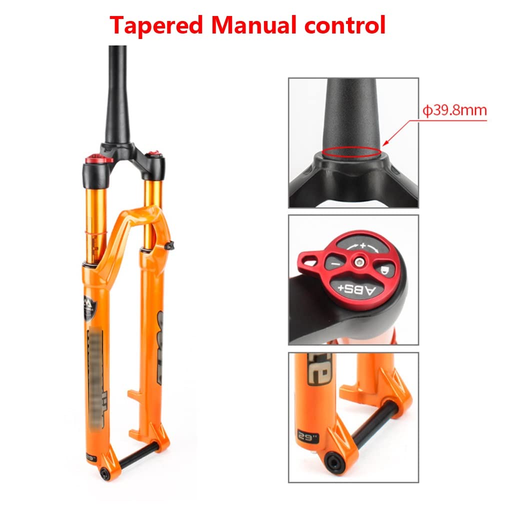 Horquilla Delantera de montaña para Bicicletas de 26", 27,5" y 29", Amortiguador de Aire, Recorrido de 100 mm, Eje pasante de 100x15 mm, Tubo Recto de 1-1/8" y Tubo cónico de 1-1/2