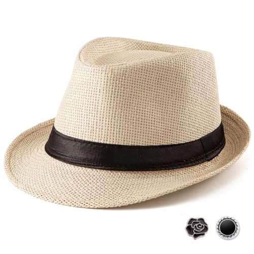 XL Beige Straw Fedora Hats for Men Summer Trilby Beach Travel Casual 7 1/2