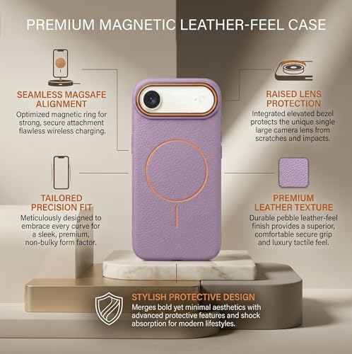 Image of amazon basics Luxury MagSafe Compatible Leather Texture Back Cover for iPhone 17 Air | Raised Camera Protection | Slim Fit Shockproof Case with Metallic Accents (Purple)