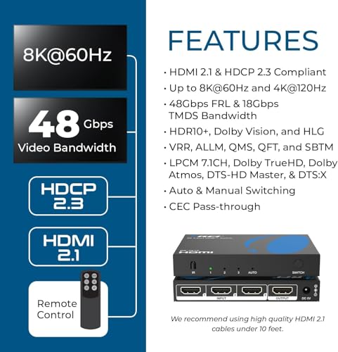 undefined OREI HDMI Switch with Remote – 4K@120Hz 4:4:4 or 8K@60 4:2:0 HDMI Switcher – HDR10+, Dolby Vision, VRR, ALLM, CEC – HDMI Switch Perfect for PS5/Xbox, Blu-ray Players, Fire TV の商品画像 7