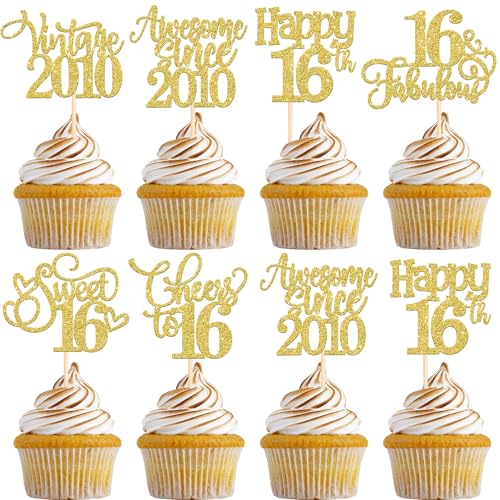 SYKYCTCY 24 Pack Happy 16th Birthday Cupcake Toppers Sixteen Sweet 16 Fabulous Vintage 2010 Cupcake Picks Awesome Since 2010 Cake Decorations for 16th Birthday Party Supplies