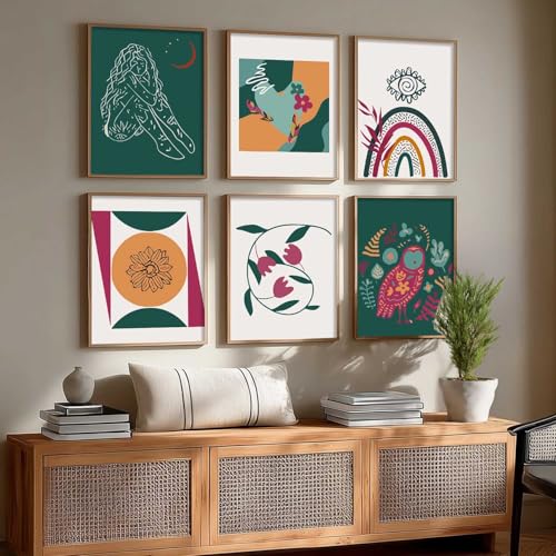 Image of kotart Boho Theme wall art for home decor, living room, bed room | Poster with frames wall hanging paintings | Boho digital wall art - (Pack of 6 Multicolor) (10x13 inch, H)