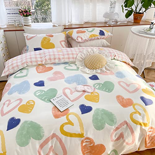Blueblue Hearts Kids Duvet Cover Set Queen 100% Cotton Bedding For Boys Girls Teens Cartoon Blue Green Yellow Heart Love Cute Pattern On White 1 Rainbow Full Comforter Cover 2 Pillow Shams (Queen) #TOP2