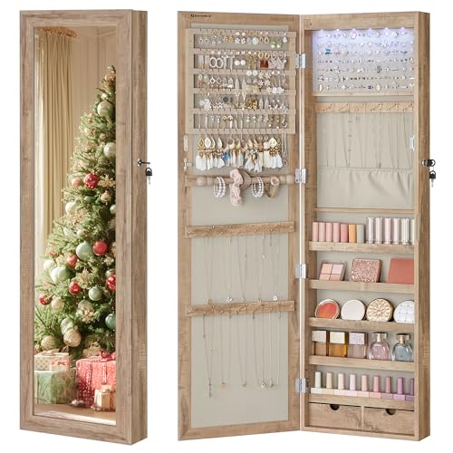 SONGMICS 6 LEDs Mirror Jewelry Cabinet, 47.2-Inch Tall Lockable Wall or Door Mounted Jewelry Armoire Organizer with Mirror, 2 Drawers, Christmas Gift, 3.9 x 14.6 x 47.2 Inches, Toasted Oak Color
