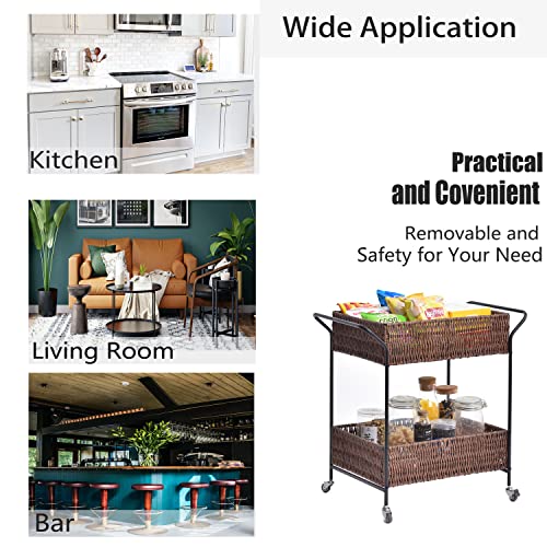 Lightweight Rattan Serving Bar Carts For Home 2 Tier Wicker Tray With 4 Lockable Wheels Drink Trolley Multi Rolling Utility Cart Storage Rack For Kitchen Dinning Living Room Hotel Wine Tea Outdoor #TOP1