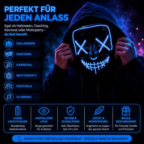 TK Gruppe Timo Klingler LED Grusel Maske - wie aus Purge steuerbar, Gesicht leuchtend, für Halloween… – Ansicht 2