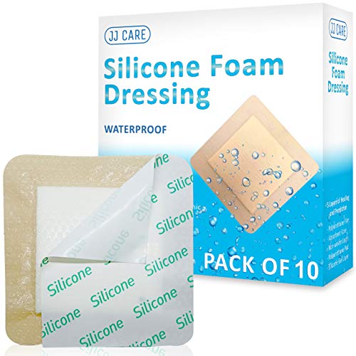 JJ CARE [Pack of 10] Silicone Foam Dressing 4â€ x 4â€, Sacral Foam Dressing, Bordered Self Adhesive 5-Layer Foam Dressings for Wounds, High Absorbency Sacrum Foam Dressing, Bendable for Fast Healing
