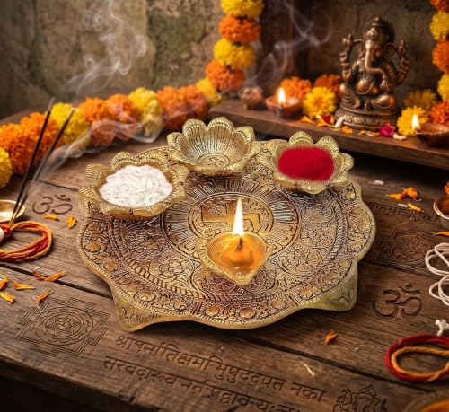 Image of KridayKraft Metal Pooja Thali with Diya for Pooja Home /Temple /Mandir,Decorative Showpiece Pooja Thali Set for Diwali Poojan Wedding Gift Article