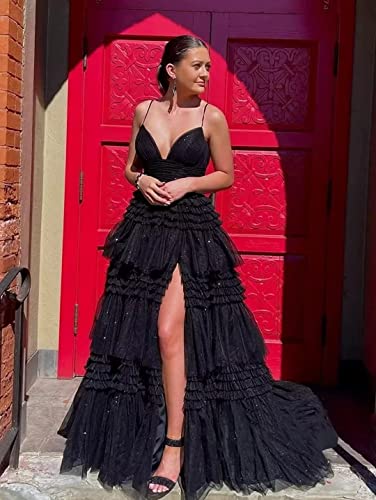 Glitter Tulle Prom Dresses with Slit Sparkle V-Neck Ball Gowns Elegant A-Line Spaghetti Straps Formal Evening Gowns3