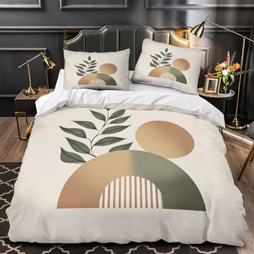 RJAVAGFZL Minimalistisches Blattdesign 3D-Bedruckt 3er-Set Bettdeckenbezug Skandinavische Moderne Kunst Steppbezug Mikrofaser Hypoallergen Reißverschluss für Jungen Männer Frauen Single (135x200cm)