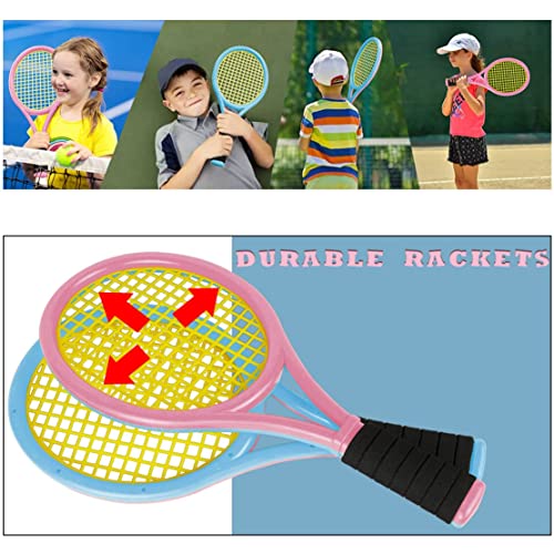 Kids Tennis Rackets With Carrying Bag,Soft Training Balls And Badminton Birdies,12 In 1 Tennis Racquets Gift Set For Children Outdoor Indoor Sports (Blue+Pink,Plastic,17Inch) #TOP3