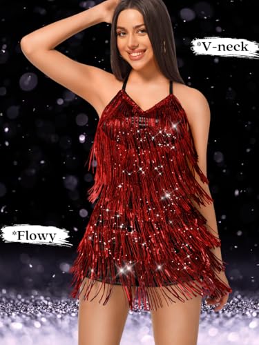 Image of Kaei&Shi Sequin Fringe Romper,Sparkly Glitter Metallic Jumpsuits For Women,Backless Shorts Dress Disco Birthday Dance Outfit