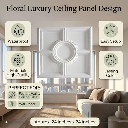 Image of Kayra Decor PVC Ceiling Panel 60x60 cm|Regal Medallion Design|White|25 Tiles Cover 100 Sq Ft| Modern False Ceiling|Royal & Elegant Finish