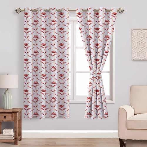 Image of Amazon Basics - Leaf Print Light Filtering Curtains | 100% Cotton 150 TC | Set of 2 | 5 Feet | 115 x 150 cm | Maroon | Eyelets & Tiebacks | Ideal for Bedroom and Living Room
