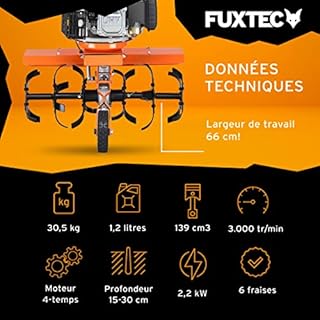 Fuxtec Motobineuse Thermique FX-AF1139 Set Motoculteur Essence Moteur 4 Temps 139cm3 2,2kW avec Extension De La Largeur De Travail De 36 à 66cm Cultivateur Profondeur Réglable Jusqu’à 30cm