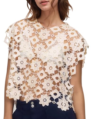 Flygo Womens Hollow Out Floral Lace Vest Cropped Embroideried Summer Crochet Coverup 2025 Trendy Blouse Tops