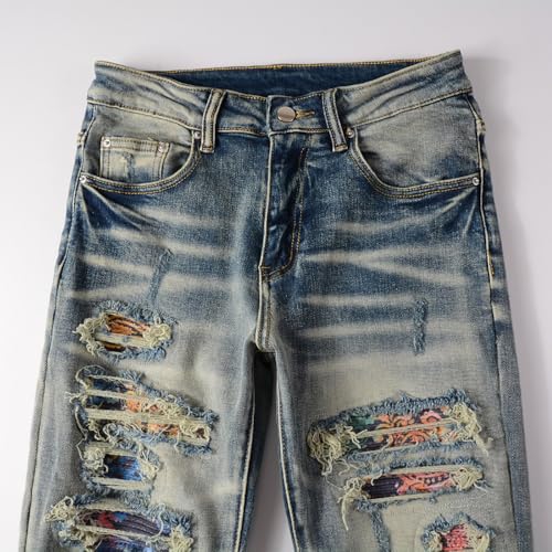 Mens Patchwork Denim Destroyed Biker Jeans Skinny Stretch Slim Distressed Ripped Stacked Wrinkled Pants Tapered3