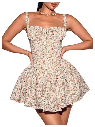 Image of WDIRARA Women's Floral Print A Line Mini Dresses Bow Smocked Ruffle Hem Cami Dress