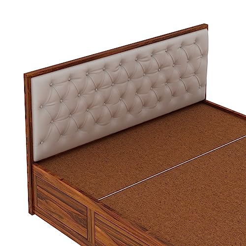 Image of Ganpati Arts Solid Sheesham Wood Decan Queen Size Bed with Hydraulic Storage and Upholstery Headboard (Natural Finish)