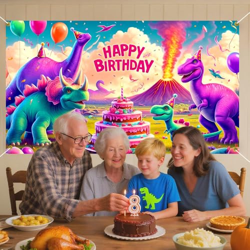 Image of 70.8x43.3 Inch Happy Birthday Dinosaur Banner Colorful Dino T-Rex Volcano Cake Balloon Backdrop Party Decoration Boys Kids Dinosaur Birthday Party Supplies Photo Background