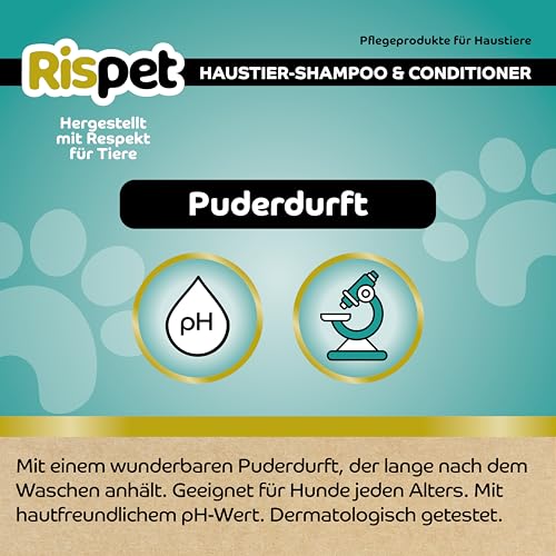 RISPET Shampoo und Spülung, Avocado und Seide, Wasch- und Desinfektionsmittel für Hunde und kurzhaarige Tiere, Zarte Formel ohne Allergene und ausgeglichener pH-Wert, Talkum-Duft, 370 ml