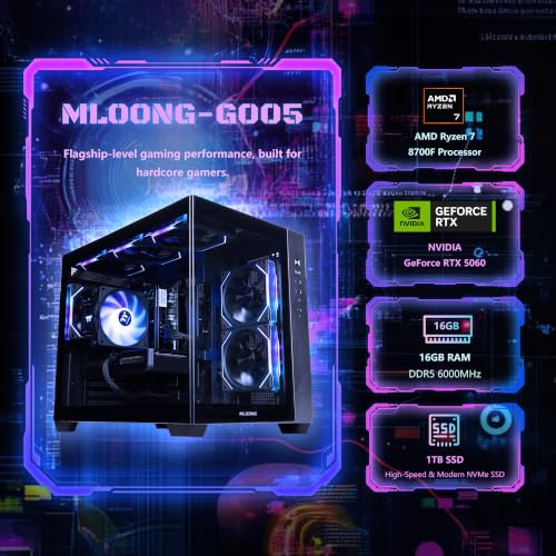 Image of MLOONG Prebuilt Gaming PC,AMD Ryzen 7 8700F GeForce RTX 5060 Ti 8GB GDDR7 | 16GB DDR5 RAM 1TB NVMe SSD 650W Bronze WiFi &BT Windows 11 Home 6 ARGB Fans Black