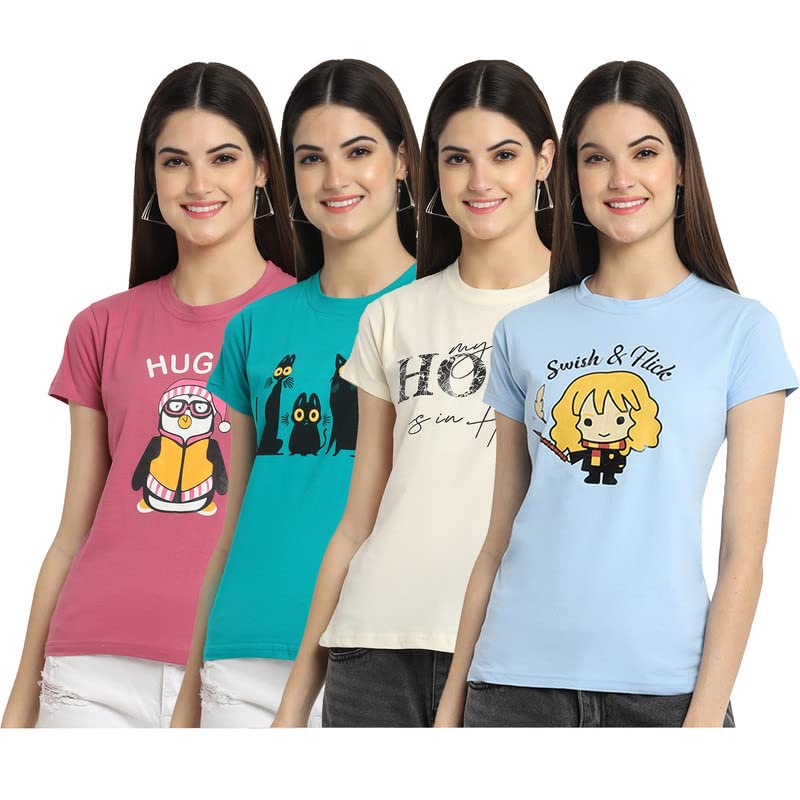 Image of Preneum Women's Cotton Regular Fit Graphic Stylish Printed Short Sleeves Casual T-Shirt |Trend & Styles