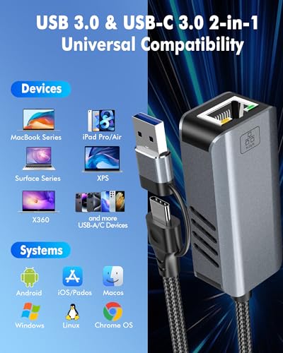 Image of 5gb USB to Ethernet Adapter - 5000Mbps USB-A & USB C to RJ45 Network Converter 5g Fast LAN Ethernet Dongle for MacBook Air /Pro, HP, XPS, Laptop, Surface, iPad, iPhone 17 /16 /15 and Android Phone