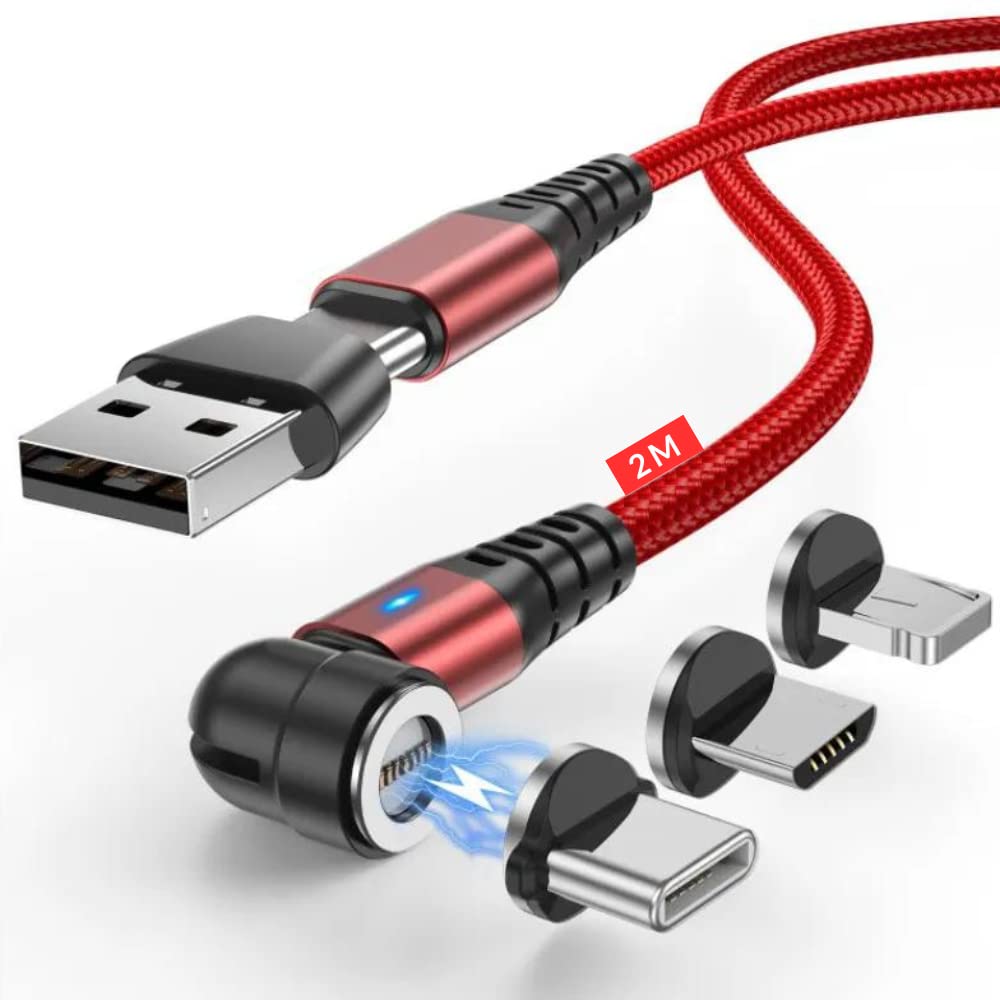 PD 60W Fast Charging USB-C Magnetic Data Cable, 360° & 180° Rotation, 3-in-1 Data Sync Phone Charger for Samsung S22/Laptop/iPad (Red - 2M)