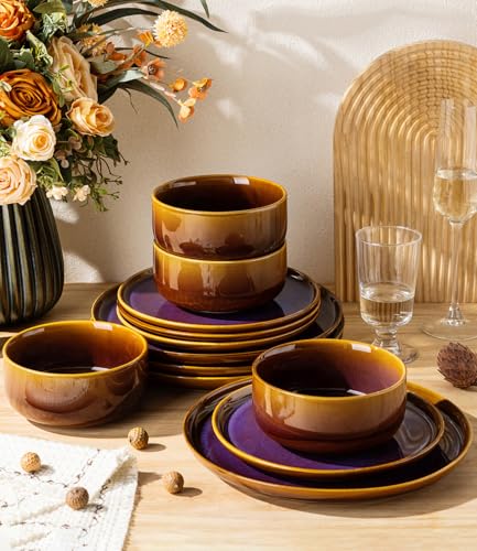 Image of TheTerra Ceramic Dinnerware Sets for 4, 12 Pieces Handmade Reactive Glaze Plates and Bowls Set, Scratch Resistant Dish Set, Oven & Microwave & Dishwasher Safe, Amber Amethyst