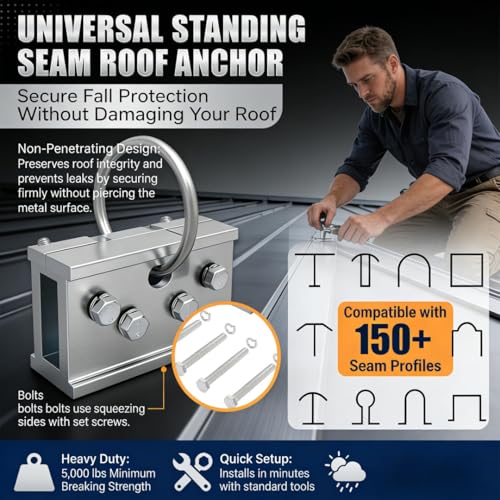 Image of Upgraded Fall Protection Roof Anchor - 5,000 lbs Breaking Strength, OSHA /ANSI Compliant, Non-Penetrating Roof Clamp for Metal Roofs, Fits 150+ Seam Profiles, Portable Fall Protection Safety Anchor