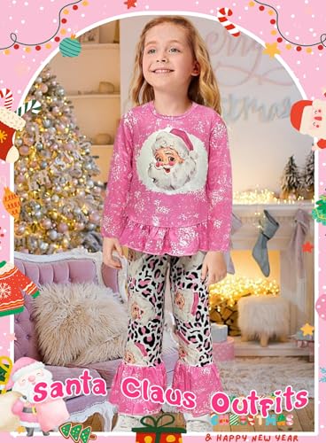 Image of Toddler Little Girl Christmas Outfit - Pink Santa Claus Clothes Long Sleeve Ruffle Top Leopard Print Flare Pant Set