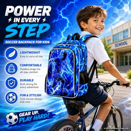 Image of 3Pcs Soccer Backpack for Boys, Lightning Kids Bookbag with Lunch Box, 17 inch School Backpacks for Elementary Preschool Kindergarten (Blue)
