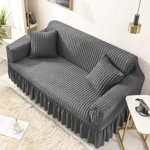 Image of Lukzer 320 GSM Ash Grey 1 Seater Turkish Sofa Cover Universal Couch Protector Bubble Fabric with Frill Universal Big Elasticity Furniture Slipcover (70-110cm /SC-099-01)