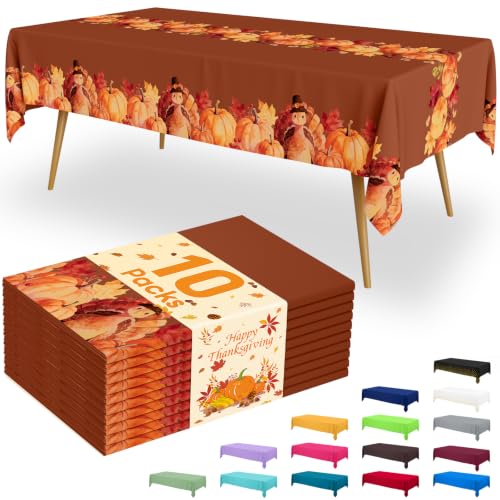 Image of Smiry Disposable Table Cloth - 10 Pack, 54 x 108 Inch Waterproof Rectangle Tablecloths for Parties, Decorative Plastic Table Cover, Leakproof & Sturdy, Coffee & Orange