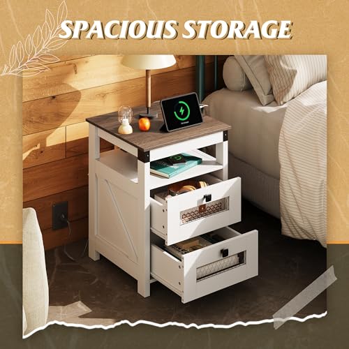 Image of WLIVE Nightstand with Charging Station, Farmhouse End Table, Bed Side Table with 2 Storage Drawers and Open Shelf, Wood Rustic Nightstands for Bedroom, White