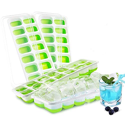 DHLP 4 paquetes de bandeja para cubitos de hielo, apilable de silicona, moldes cuadrados, sin derrames, tapa bloqueable LFGB FDA, sin BPA, para whisky y congelador de alimentos para bebés verde