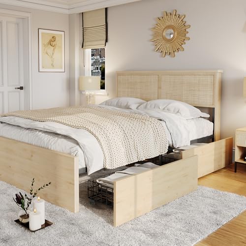 Brafab Natural Rattan Full Bed Frame with Wooden Headboard and 4...