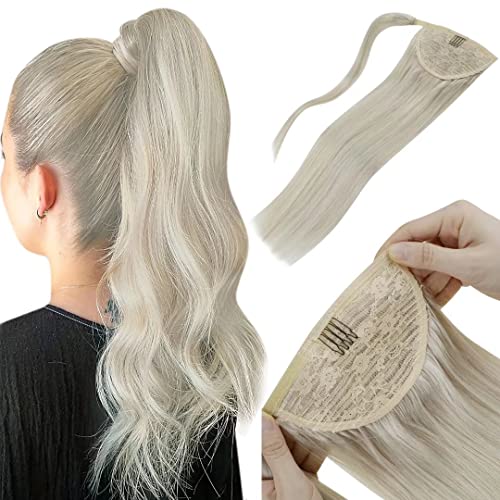 LaaVoo Queue De Cheval Blonde Cheveux Humains 80g 14" Wrap Around Ponytail Extension Cheveux Naturel Blond Platine Postiche Cheveux Naturel Lisse Extension Queue De Cheval Cover