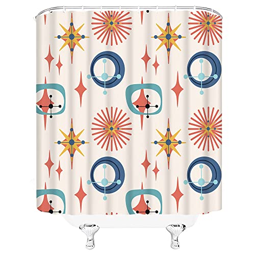 QKD Inc Mid Century Shower Curtain Atomic Starbursts Retro Abstract Geometric Space Geometric Vintage Classic 1950S 1960S Iconic Pattern Modern Sputnik Home Decor Fabric Bath Curtain with Hook - Image 4