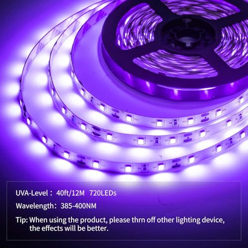 Image of 40 Foot Led Black Light Strip Kit, 720 Units Led, 12V Flexible Blacklight Fixtures, Non-Waterproof (Pack of 2)